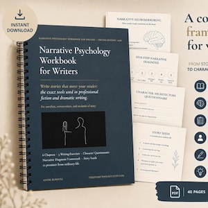 May include: A dark blue spiral-bound workbook titled Narrative Psychology Workbook for Writers, featuring a black rectangular graphic with white line art. The workbook includes pages with text, a brain illustration, and a list of writing tools.