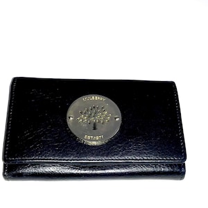 Carteira vintage com aparência requintada de couro preto e logotipo Mulberry