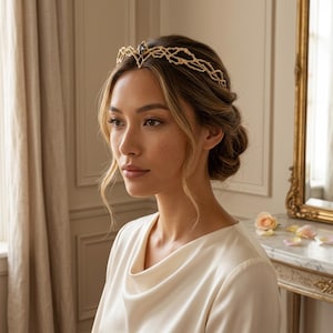 Puede incluir: Una tiara de tono dorado con un diseño intrincado de ramas que imita ramitas orgánicas entrelazadas. La pieza cuenta con una única piedra preciosa oscura y facetada en la parte superior, sobre una prenda de satén color crema.