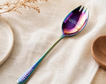 Forchetta-cucchiaio personalizzata in acciaio inossidabile – Utensile da campeggio e da dessert con incisione personalizzata