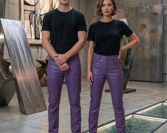 Pantalon en cuir de mouton violet fait main, pantalon slim de luxe unisexe, cadeau de personnalisation