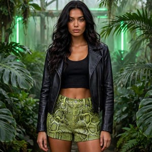 Handmade Women's Python Snake Cowhide Leather Hot Shorts, Luxury Snake Print, Gift For Her