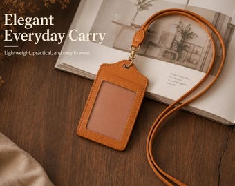 Spersonalizowany skórzany uchwyt na identyfikator ze smyczą, etui na identyfikator ze skóry licowej, minimalistyczne etui na identyfikator służbowy, prezent biurowy dla współpracownika