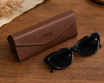 Personalized Genuine Leather Glasses Case, Foldable Sunglasses Box, Custom Eyewear Pouch, 3rd Anniversary Gift, Birthday Gift for Him
