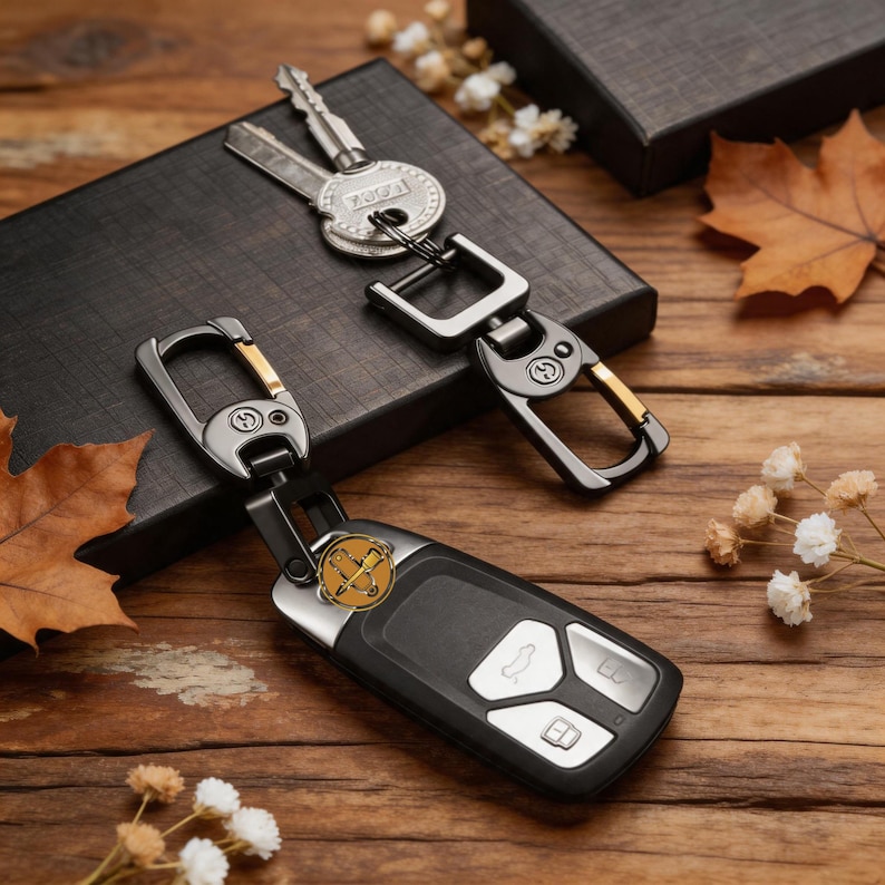 May include: Two keychains with a car key and a standard key, resting on a black box. The keychains are silver and black with gold accents. The car key has a black body with white buttons. The background is a wooden surface with fall foliage.