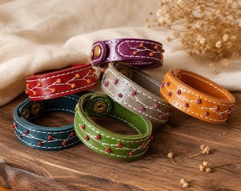 Bridesmaid Gift Vegetable Tanned Leather Bracelet, Hand Stitched Floral Cuff, Adjustable Boho Wedding Jewelry