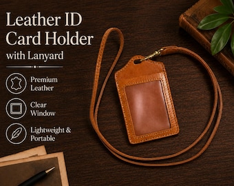 Personalized Leather Badge Holder with Lanyard, Full Grain Leather ID Card Case, Nurse Lanyard, Teacher Gift, Coworker Office Gift