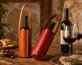 Premium Leather Wine Carrier Tote Bag with Handle Cross Stitch Wine Bottle Holder Unique Housewarming Gift for Wine Lover