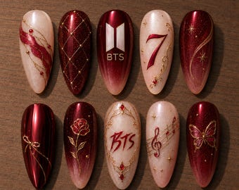 Kpop tief dunkel burgundy strukturierte Presse auf den Nägeln, 2026 Comeback Mitgliedsname Kunst, Galaxie rot Stern Nägel, Gold Konstellation Mond Sonne Nägel