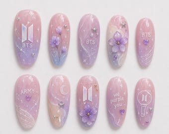 Lila, weiß, silber Drücken Sie auf die Nägel, 2026 Comeback Kpop Nagel-Set, Kpop inspiriert Nagel, handgemachter himmlischer Gel-Nagel, Logo Charms, Kpop Fan Geschenk