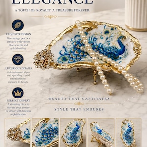 May include: A decorative oyster shell trinket dish featuring a decoupage peacock design with vibrant blue and green feathers. The shell has gold-painted edges, a sparkling crystal flower embellishment on one side, and a gold metal stand.