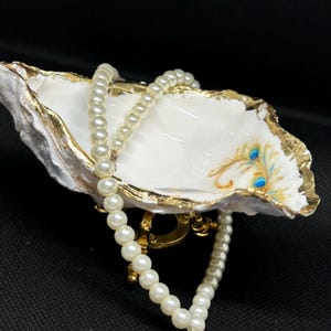Hand-crafted Decoupage Oyster Shell Trinket Dish: Peacock Feather, Gold Leaf Trim, Resin Topcoat