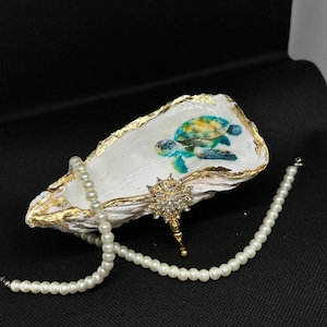 Decoupage Oyster Shell Trinket Dish: Sea Turtle, Gold Leaf, Resin Topcoat