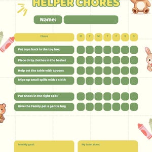 May include: A chore chart with the text "MY LITTLE HELPER CHORES" and illustrations of a bunny and a bear. The chart includes spaces for a name, chores, and a weekly goal. It is designed to track daily tasks.