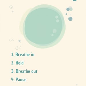 Peut inclure: Une affiche beige clair avec les mots "Bubble Breathing" en bleu sarcelle. Une grande bulle bleu sarcelle est au centre, avec de plus petites bulles autour. Les étapes sont : Inspirez, Retenez, Expirez, Pause. Le logo BrightBrainsStudio est en bas.