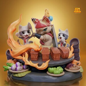 May include: A detailed figurine featuring three cat characters in chef attire, with a fiery orange flame effect. The central cat wields a sword, while the others hold utensils. The base includes miniature food items like vegetables and wooden crates. The text "KILO POLY FORCE" is visible.
