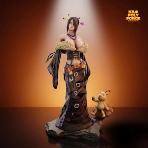 May include: A detailed figurine of a female character with dark hair, wearing a black and brown outfit with a fur collar and a long skirt. A small, cartoonish creature stands beside her. The figurine is on a rocky base.