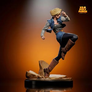 May include: A dynamic figurine of a female character with blonde hair, wearing a denim vest, gray top, and black leggings. The figure is posed mid-action, with brown boots and a determined expression. The base is black, and the logo "KILO POLY FORGE" is visible.