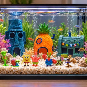 Puede incluir: Un acuario rectangular de cristal lleno de agua, grava clara y plantas acuáticas verdes. Incluye estructuras decorativas de resina, como una cabeza moái azul, una casa piña naranja y un edificio verde con una guirnalda de banderas.