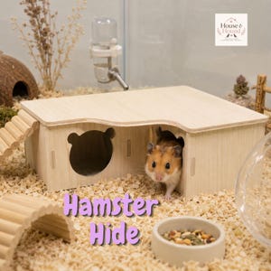 Puede incluir: Un escondite de madera clara para hámster con una entrada en forma de oso y techo plano. Un pequeño hámster marrón y blanco se ve dentro de la estructura. El escondite está sobre virutas de madera junto a un cuenco de cerámica con comida.