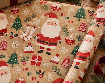 Weihnachtspapierrolle, Weihnachtsmann-Geschenkpapier, festliches Geschenkpapier, Weihnachtsgeschenkverpackung, Weihnachtsmann-Weihnachtspapier, Kraftpapier