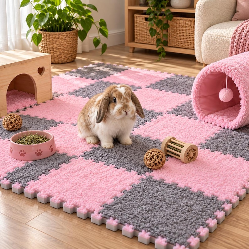 May include: A brown and white lop-eared rabbit sits on a checkered pink and gray plush foam mat. The mat is surrounded by a wooden hideout, a pink ceramic bowl with paw prints, a pink plush tunnel, and two woven grass balls for small animals.