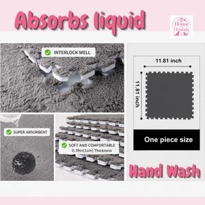 May include: A set of gray interlocking floor tiles with a soft, textured surface. Each square tile measures 11.81 inches by 11.81 inches with a thickness of 0.39 inches. The tiles are absorbent, designed for hand washing, and interlock well.