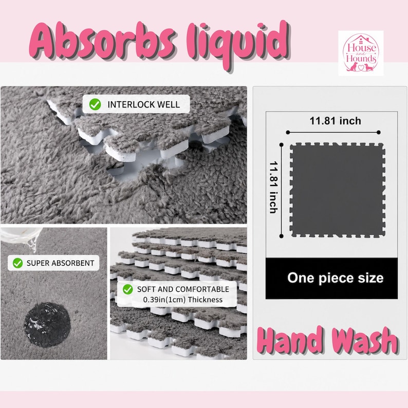 May include: A set of gray interlocking floor tiles with a soft, textured surface. Each square tile measures 11.81 inches by 11.81 inches with a thickness of 0.39 inches. The tiles are absorbent, designed for hand washing, and interlock well.