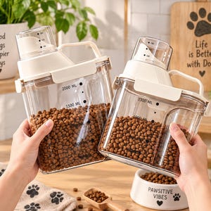 May include: Two clear plastic food storage containers with off-white lids and handles, filled with brown dry pet food. Each container features printed volume markings up to 2000 ml and 1300 ml, and a clear measuring cup lid with internal markings.