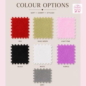 May include: A collection of seven square interlocking floor tiles with a textured surface, displayed in red, sage green, light pink, black, white, purple, and grey. The image includes the text COLOUR OPTIONS, SOFT COMFY STYLISH, and a House and Hounds logo.