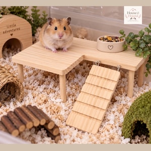 May include: A light-colored wooden hamster platform with four legs, a matching wooden ramp with horizontal slats, and a small ceramic bowl with a heart icon. A hamster sits on the platform. The text House & Hound is visible in the corner.