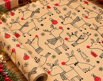 Papel de regalo navideño con diseño de renos, papel de regalo festivo para las fiestas, embalaje de regalos navideños, envoltura de regalos, envoltura de regalos festiva