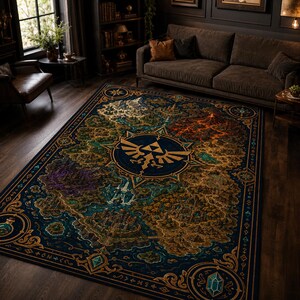 May include: A rectangular area rug featuring a detailed fantasy map design with a central gold Triforce emblem. The rug displays varied landscapes including mountains, forests, and a volcano, all bordered by intricate gold patterns on a dark blue base.
