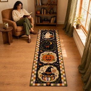 Halloween Runner Rug, Cute Ghost Cat Pumpkin Carpet, Spooky Decor