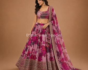 Pink Printed Organza Lehenga Choli, Embroidered Wedding Party Wear Outfit Set Women