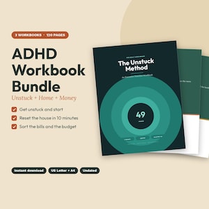 Puede incluir: Un paquete de tres cuadernos de trabajo para TDAH con un total de 120 páginas. La portada muestra el texto The Unstuck Method, An Executive Function Workbook y 49 pages. El diseño utiliza verde oscuro, verde azulado y blanco con detalles en naranja.