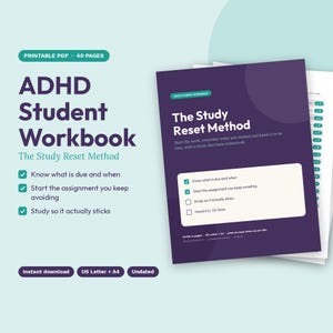 Puede incluir: Un cuaderno de trabajo para estudiantes con TDAH de 40 páginas titulado The Study Reset Method. La portada es de color morado oscuro con texto en blanco y una lista de verificación. Incluye secciones para tareas y estudio, formato A4.