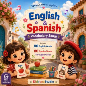 May include: A digital download cover featuring two cartoon children holding flashcards with the text Apple Manzana and Cat Gato. The title reads English & Spanish Vocabulary Songs with text stating Learn 80 English Words + 80 Spanish Words Through Music.