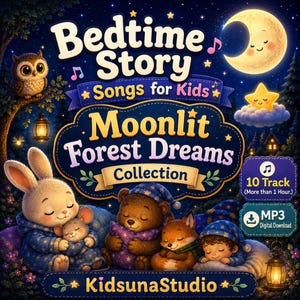 May include: A digital album cover for "Bedtime Story Songs for Kids: Moonlit Forest Dreams Collection." The image features a whimsical forest scene with a crescent moon, stars, and sleeping animal characters. The album includes 10 tracks and is available as an MP3 digital download.