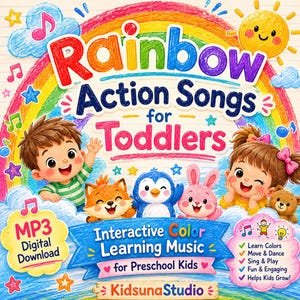 Può includere: Una copertina di download digitale colorata per "Rainbow Action Songs for Toddlers". L'immagine presenta un arcobaleno, personaggi dei cartoni animati e il testo "Interactive Color Learning Music for Preschool Kids". Include un download digitale MP3.