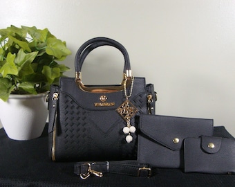 Black Luxe 3‑Piece Handbag Set – Structured Tote, Wallet & Coin Purse