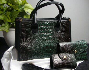 Black & Green Croc-Embossed PU Leather Satchel Handbag