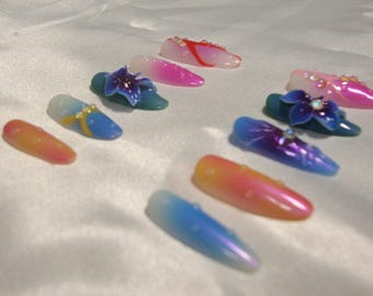 3D Floral Press-On Nails | Gemstone & Flower Artistry Set - Trendy Treasures