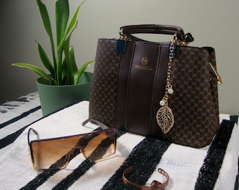 PU Leather Top‑Handle Satchel – Coffee Monogram Design