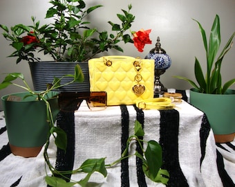Bright Yellow Mini Quilted PU Purse | Small Faux Leather Handbag with Gold Heart Charm