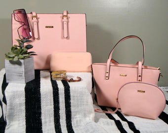 Elim and Paul Pink Handbag Set – Tote, Crossbody & Wallet | Gold Hardware | Designer Accessory Bundle