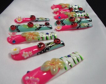 Handmade 3D Extra Long Press-On Nails – Pink Floral Ladybug Set