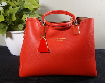 Dedoo Shopping Fashion™ Red Luxe PU Handbag – Structured Tote with Gold Hardware