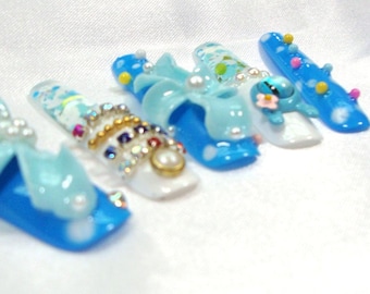 3D Liquid-Filled Extra Long Press-On Nails – Blue Bow Bling Shaker Set