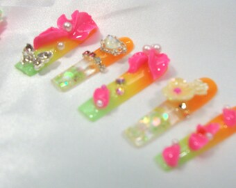 3D Liquid-Filled Extra Long Press-On Nails – Neon Sunset Jelly Set